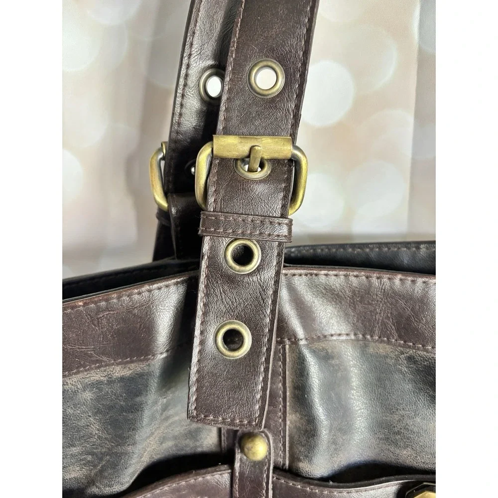 Bueno Black Brown‎ Distressed Vegan Leather Tote Bag Gold Turn Lock Satchel